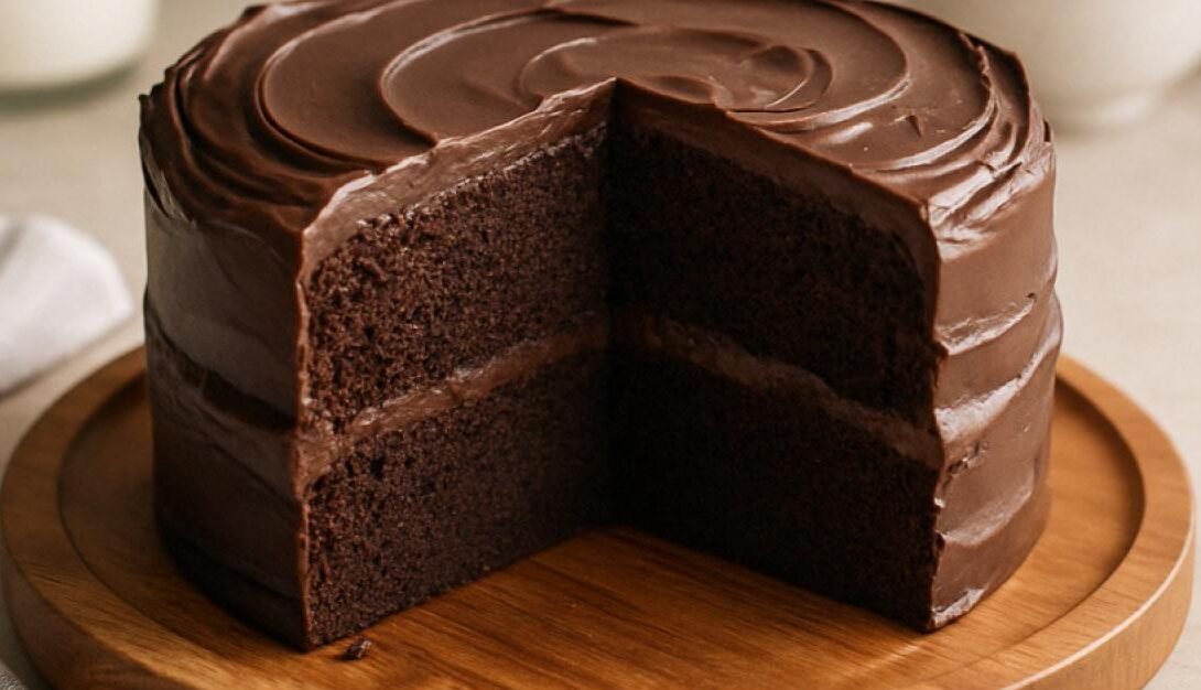 Classic homemade chocolate cake with rich chocolate frosting, soft moist layers, and delicious chocolate flavour.